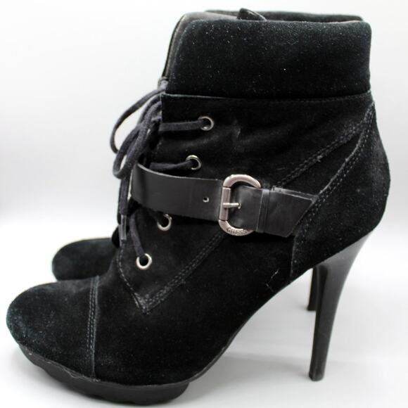 GUESS Lace Up Black Leather Heeled Booties Size 8 - Picture 5 of 10